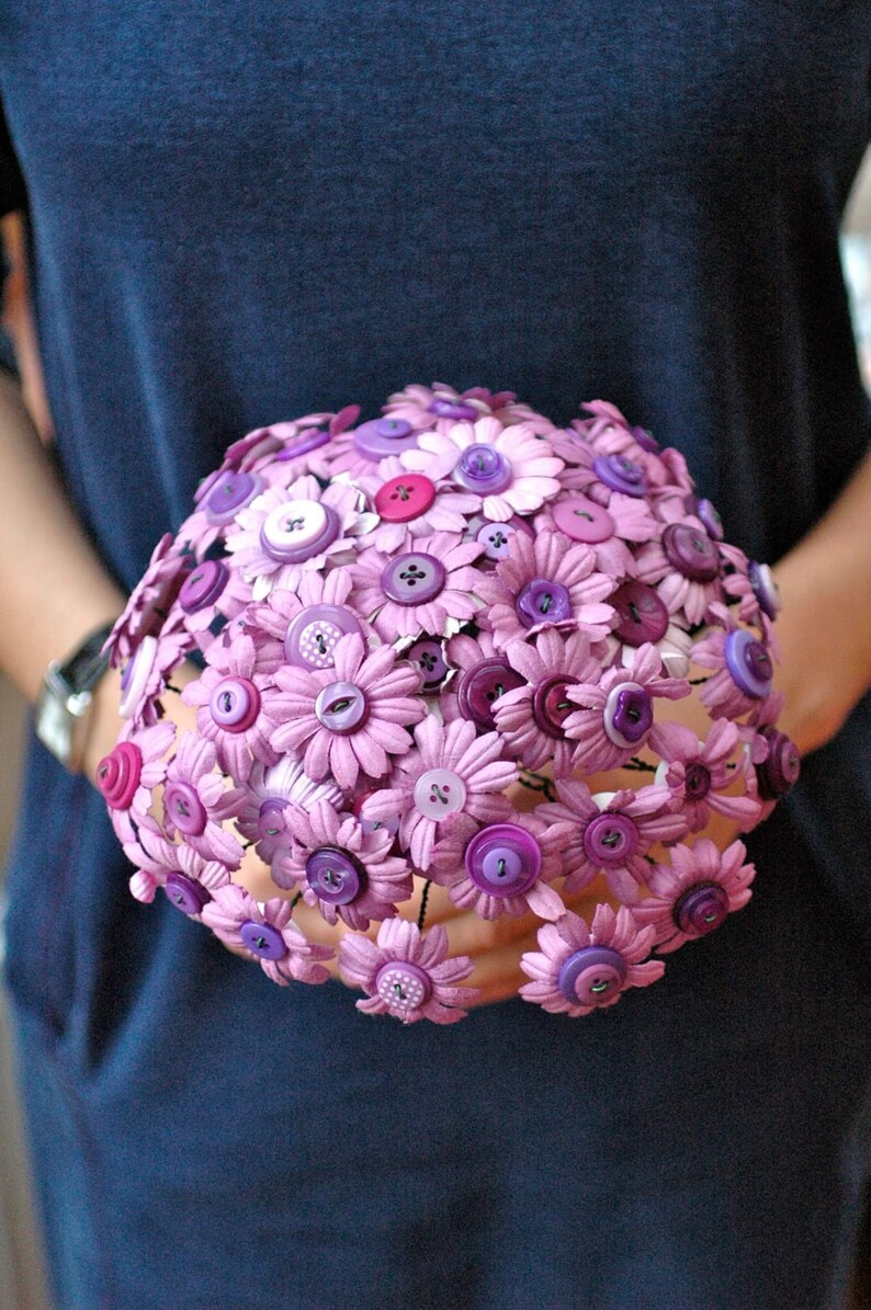 Button Bouquet, Artificial Flower bouquet, Bridal bouquet, Alternative bouquet, Wedding flowers,Purple flowers, Button Flowers, Bride to be image 4