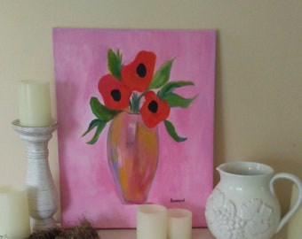 Small 20x 16 inch oil poppy painting.  berry pink, orangey red poppies, feminine business , floral art, girl's room, hot pink, original art