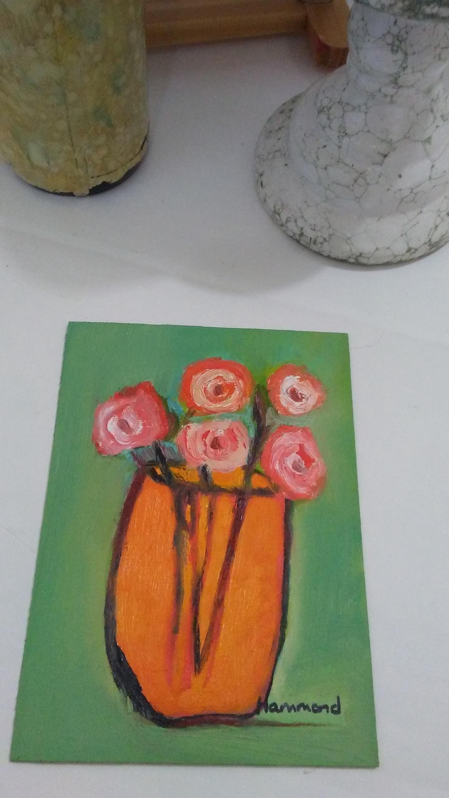 Pintura al óleo vertical de 5 pulgadas x 6 7/8 pulgadas, flores rosas y naranjas, ramo, vintage, regalo para ella, mini arte, regalo para uno mismo, envío gratis
