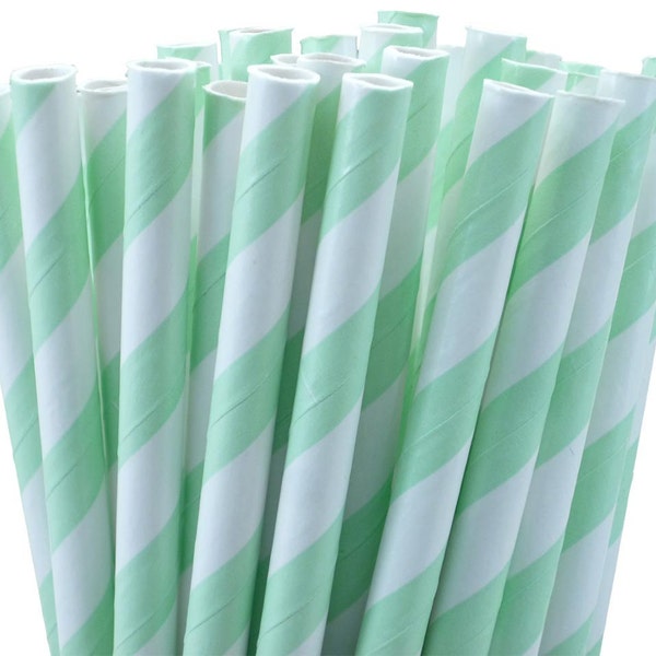 Mint and White Striped Paper Straws with Printable Flag PDF - Set of 25