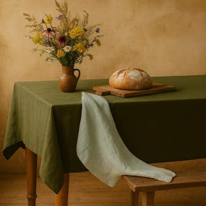 Green linen tablecloth with wide hem and mitered corners, gingham dinner tablecloth - custom color linen - blue grey, white pink sand yellow