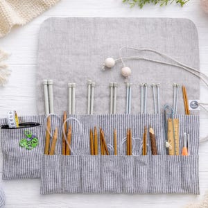 Stricknadeletui aus Leinen mit kleiner Tasche, Stricknadeletui aus Leinen, Nadelhalter aus Leinen, Nadeltäschchen aus Leinen mit Aufbewahrungstaschen