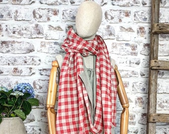 Checked linen scarf, soft natural linen unisex scarf, long stonewashed red beige linen scarf, linen scarf for women, checked linen shawl