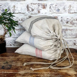 Rustic linen bread bag, grain sack style striped linen bread loaf bag with handmade flax cord organic vegan food storage bag, raw linen sack image 1