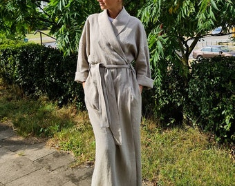 Morgenmantel aus Leinen, Kimono-Bademantel aus Naturleinen, steingewaschenes rustikales Leinen Leinen Kimono-Bademantel, Leinen-Kleidung, Vintage-Look Leinen-Bademantel
