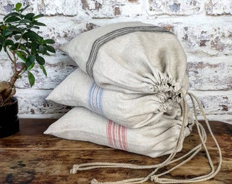 Rustic linen bread bag, grain sack style striped linen bread loaf bag with handmade flax cord organic vegan food storage bag, raw linen sack