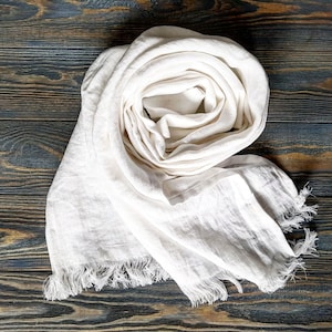 White linen scarf, softened linen unisex scarf, long linen scarf for indigo dyeing, linen scarf for men, linen scarf for women