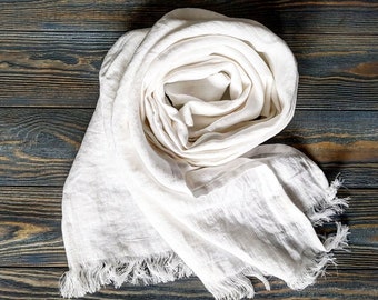 White linen scarf, softened linen unisex scarf, long linen scarf for indigo dyeing, linen scarf for men, linen scarf for women