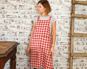 Gingham cross back linen apron, stonewashed linen apron, no ties washed linen apron, mustard cross over linen apron, pinafore garden apron