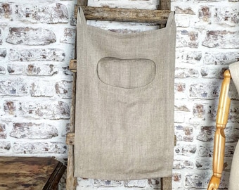 Hanging laundry bag, large laundry hamper bag from rough linen, door laundry bag, linen dorm bag hanging on the door, linen bathroom bag