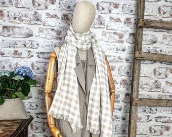 Gingham linen scarf, soft natural linen unisex scarf, long stonewashed white beige linen scarf, linen scarf for women, checked linen shawl