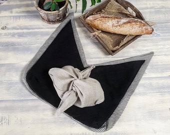 Set of 3 linen bento bags, black, striped and natural linen bento bag set, food storage, raw linen origami bag, reusable azuma bukuro bag