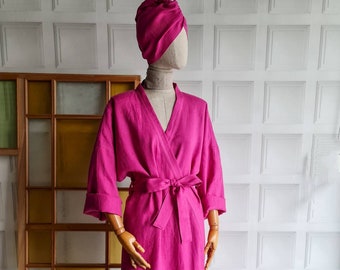 Linen dressing gown with hair turban, natural linen kimono robe with hair wrap, custom color linen bathrobe and towel set