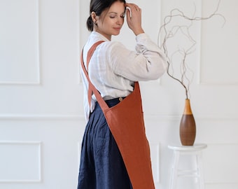 Japanese linen apron, Cross back linen apron, no ties washed linen apron, checked cross over linen apron, pinafore garden apron