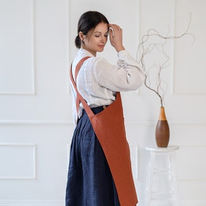 Japanese linen apron, Cross back linen apron, no ties washed linen apron, checked cross over linen apron, pinafore garden apron