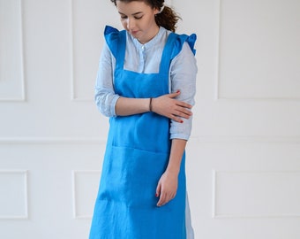 Crossback linen apron with frills on shoulders, Japanese no ties cross over linen apron, pinafore garden cute Linen apron with ruffles