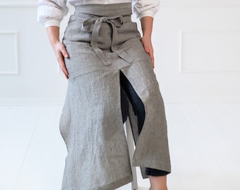 Split Leg Long striped Linen Apron, the perfect accessory for any chef, artist, or DIY enthusiast