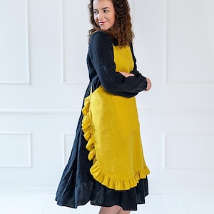 Cross back linen apron with ruffles, custom color ruffled linen apron, no ties washed linen apron, mustard cross over pinafore garden apron