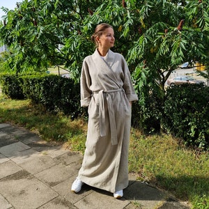 Linen dressing gown, natural linen kimono robe, stonewashed rustic linen beige long robe, raw linen clothes, washed rough linen bathrobe