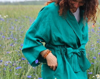 Linen robe, custom colors linen kimono robe, stonewashed linen long dressing gown, raw linen clothes, washed linen bathrobe, wedding robe