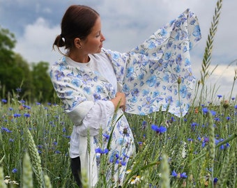 Long and wide linen scarf "Flax flowers", linen shawl in white with blue flowers, gift for flower lover, floral scarf vegan nature print