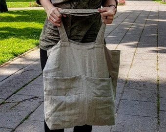 Linen shopping bag with woven linen handles and pockets, big rustic linen tote bag, burlap oversized shopping bag, beach bag with pockets