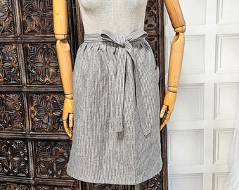 Ruffled linen waist apron, striped linen kitchen dress, stonewashed linen skirt apron with pockets, washed linen vintage rustic half apron