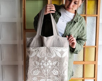 Linen tote bag with handwoven front pockets, natural linen shopping bag, vintage tote bag, burlap bag, big shopping bag, linen bag