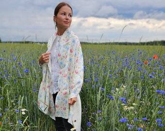 Long and wide linen scarf "Bees and clovers", linen shawl in white with pink and blue flowers, gift for bee lover, beekeeper scarf vegan