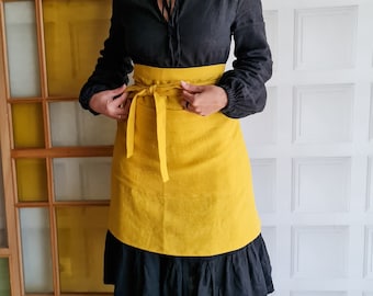 Linen waist apron, natural linen bistro apron kitchen dress, soft linen half apron with pockets, daily linen vintage rustic man woman