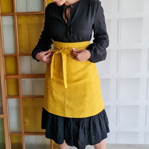 Linen waist apron, natural linen long bistro apron, kitchen dress, raw linen half apron with pockets, daily linen vintage rustic man woman image 5