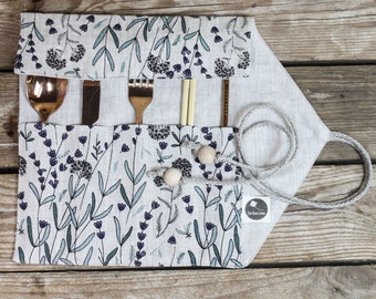 Floral linen cutlery roll, picnic utensil case, cutlery bag for lunch, reusable utensil pouch, zero waste lunch bag, linen silverware keeper