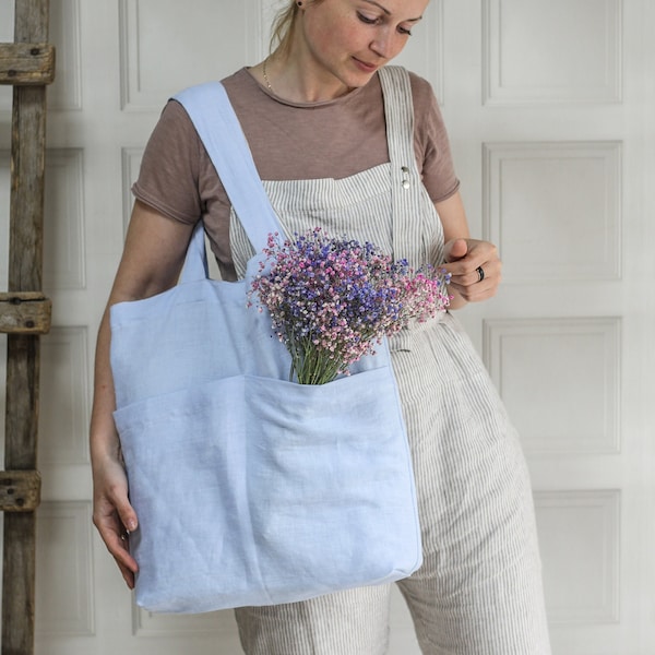 Washed linen tote bag, black brown white red yellow rust green linen shopping bag, oversized linen beach market bag, aesthetic tote bag