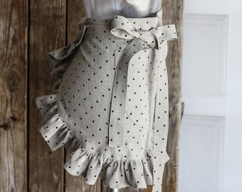 Apron with frills, ruffled linen bistro apron, natural linen kitchen ruffle dress, short linen apron with ruffles and pocket