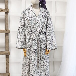 Floral linen robe, custom color linen kimono robe, stonewashed linen long dressing gown, washed linen bathrobe, white wedding robe