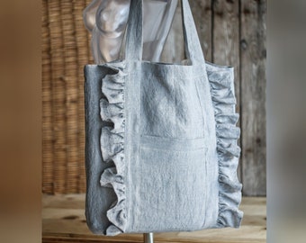 Ruffled tote bag from linen, linen shopping with ruffles - custom color, with zipper and ruffles, linen lovely tote bag,