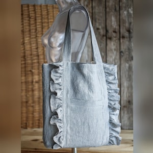 Ruffled tote bag from linen, linen shopping with ruffles - custom color, with zipper and ruffles, linen lovely tote bag,