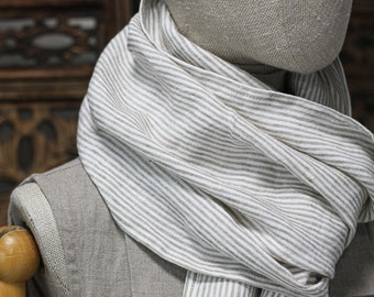 Striped linen scarf, softened linen unisex scarf, long linen white beige striped scarves, linen fringed scarf for men for women