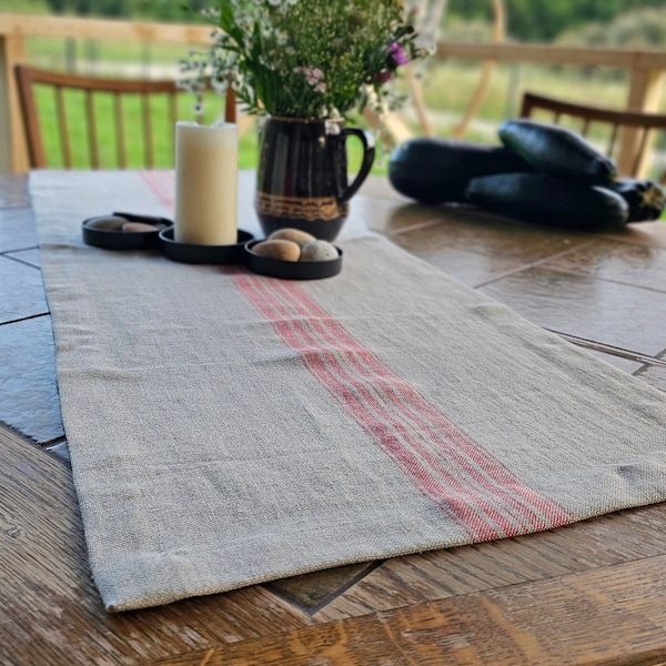 Linen table runner in "Burlap" style, vintage stonewashed farmhouse table runner, rough linen wide striped fabric table decor centerpiece