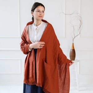 Wide linen scarf with pockets and button, wide and long white yellow red rust pink green linen shawl, blue black coral oversized linen scarf image 1