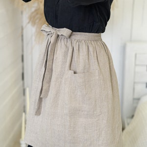 Linen skirt apron, raw chunky linen kitchen dress, half apron with pockets, washed linen vintage farmhouse look rustic woman apron
