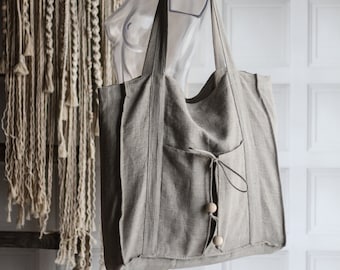 Linen shopping bag, natural linen tote bag, big tote bag, burlap bag, big shopping bag, linen bag, beach bag, rustic tote bag with pockets