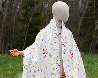 Long and wide natural linen shawl "Butterflies in meadow", linen scarf in white with floral print, large shawl with flowers in wild meadow