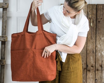 Bolso de mano de lino natural, bolso de compras de lino rosa óxido amarillo rojo denim blanco menta negro, bolsa de playa de lino de gran tamaño, bolsa de mercado, bolsa reutilizable