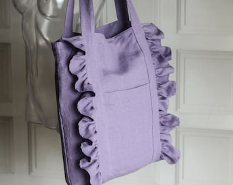 Cabas en lin avec volants, shopping en lin avec volants - couleur personnalisée, avec fermeture éclair et volants, joli sac fourre-tout en lin,