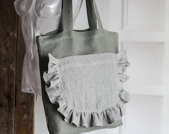 Einkaufstasche mit Rüschen aus Leinen - Wunschfarbe mit Rüschen aus Leinen - Einkaufstasche mit Rüschen - mit Reißverschluss und Rüschen, große Tasche