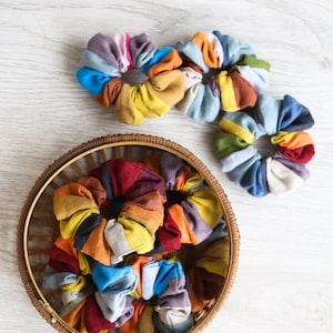 Linen scrunchie patchwork, zero waste linen offcuts hair scrunchies set, handmade hair band, hair tie