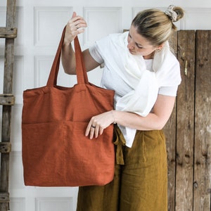 Natural linen tote bag, black mint white denim red yellow rust pink linen shopping bag, oversized linen beach bag, market bag, reusable bag image 1