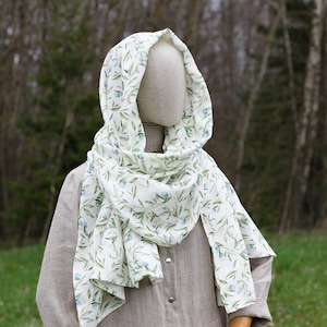 Long and wide natural linen scarf &quot;Blue lotus&quot; floral, linen shawl in white with flower details on, large shawl with blue flowers and leaves