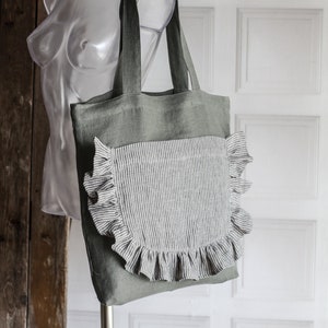 Tote bag wih frills made from linen, custom color linen shopping bag with ruffles - custom color, with zipper and ruffles, tote large pocket